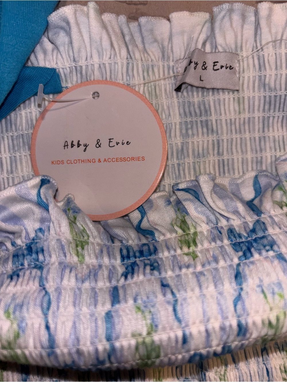 Cottagecore Blue Floral Bow Strap Smocked Dress Size L Abby & Evie Midi Sundress - Picture 3 of 6
